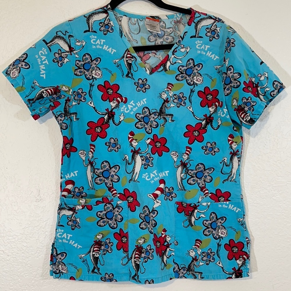 Scrub Top womens size XS Dr Seuss The Cat in the Hat flowers Cartoon aqua